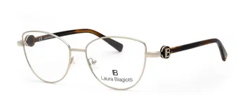 Armazón para lentes Laura Biagiotti, modelo LB29 col G4, de metal color plateado, con forma cat-eye y patillas de carey con logo de la marca.