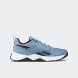 Championes de entrenamiento Reebok NFX color celeste con detalles en negro y blanco.