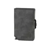 Billetera compacta de cuero genuino color negro con doble compartimento de aluminio para tarjetas. Cuenta con sistema de deslizamiento mediante clip, protección RFID, espacio para billetes y documentos.