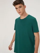 Remera verde esmeralda de corte clásico, con cuello redondo y mangas cortas.