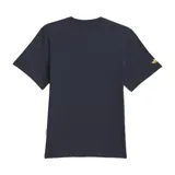Remera Adidas de manga corta, color azul marino, con estampado amarillo de estilo caricaturesco con motivos de fútbol.