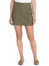 Minifalda verde militar de tiro alto, estilo cargo con bolsillos amplios y corte recto.