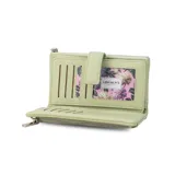 Billetera de mujer color negro, con textura símil cuero granulado. Presenta un cierre de presilla con broche, correa de mano desmontable y múltiples compartimentos internos, incluyendo un monedero con cierre.