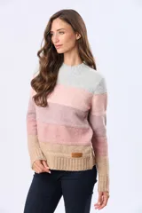 Buzo tejido de manga larga con cuello redondo y diseño de rayas horizontales en tonos pastel: gris claro, rosa pálido, lila y beige.