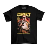 Remera negra de algodón con estampado del personaje Torrente, con el texto "TORRENTE" en amarillo y "EL BRAZO TONTO DE LA LEY" en blanco.