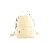 Mochila pequeña de cuero sintético color negro con cierre superior y bolsillo frontal con cierre.