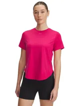 Remera deportiva Under Armour Launch Elite de mujer, color fucsia, de corte holgado y mangas cortas.