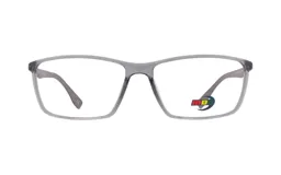 Armazón para anteojos MDQ modelo T27, de forma rectangular y color gris translúcido. Patillas con detalle de logo de la marca.