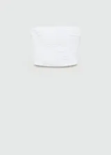 Top blanco palabra de honor con panel nido de abeja, diseño crop, tejido 100% de lino, cierre de cremallera invisible en la parte posterior y diseño drapeado.