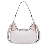 Cartera Guess modelo Berkton, color blanco con estampado del logo de la marca en tonos rosados. Detalles en cuero sintético color rosa pálido. Incluye correa de hombro corta y correa bandolera larga ajustable y removible.