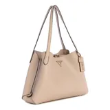 Cartera de diseño elegante color beige, con detalles de marca y cierre de cremallera.