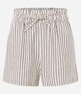Short de mujer modelo runner de tiro alto, con elástico y lazo en la cintura. Presenta un estampado de rayas verticales finas en tonos beige y marrón claro.