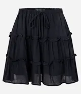 Minifalda negra texturizada de viscosa con cintura elástica, lazo ajustable y volados.
