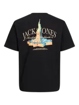 Camiseta negra de manga corta y cuello redondo con estampado de la Estatua de la Libertad y la marca Jack & Jones.
