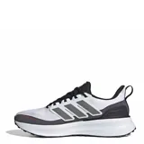 Championes de running Adidas modelo Ultrarun 5 para hombre, diseñados para trail con exterior impermeable y detalles reflectantes. Presentan una combinación de colores blanco, gris y negro con acentos en naranja, mediasuela Bounce 2.0 para amortiguación y suela Adiwear de alta tracción.