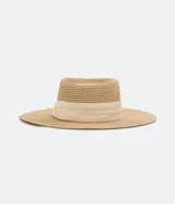 Sombrero de playa de paja color beige, con cinta contrastante color crema.
