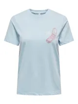 Remera celeste con estampado de un teléfono celular antiguo y la frase "Call me".