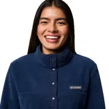 Buzo polar Columbia para mujer, color azul marino, con cuello alto abotonado y logo bordado en el pecho.
