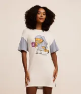 Camisón corto de viscosa con estampado de Garfield en pijama y mangas rayadas.