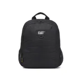 Mochila negra con logo de Caterpillar en el frente. Cuenta con tiradores de cremallera negro mate, tirantes ajustables de malla elástica, bolsillo portaobjetos y ranuras para bolígrafos en el compartimento principal, y bolsillo trasero acolchado para un portátil.