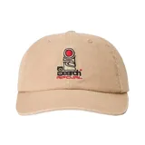 Gorra de gabardina color beige con logo bordado en el frente.