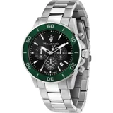 Reloj Maserati Competizione con caja de acero plateado de 43mm, bisel cerámico verde, esfera negra, cristal mineral, movimiento de cuarzo, cronógrafo y fechador. Resistente al agua hasta 100 metros.