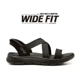 Sandalia deportiva Skechers Slip-ins Go Walk Flex Glimmer, color negro, con tiras elásticas cruzadas y talón descubierto. Cuenta con plantilla contorneada Goga Mat, amortiguación Ultra Go y tecnología Hands Free Slip-ins.