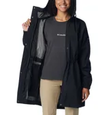 Campera impermeable Columbia para mujer, modelo Splash Side II. Color negro, con capucha ajustable, cintura ajustable con cordón, bolsillos para las manos, puños elásticos y faldón posterior.