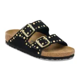 Sandalias Birkenstock Arizona Rivet negras con doble tira de cuero sintético y hebillas doradas.