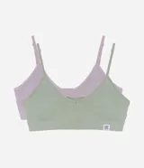 Kit de dos corpiños deportivos sin aro ni relleno, color verde y lila, de tejido texturizado seamless con breteles ajustables.