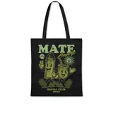 Bolso tote negro con estampado frontal en tonos verde oliva. El diseño presenta una ilustración estilo vintage de un termo y un mate antropomórficos sonrientes, con el texto "MATE Amargo" y "SOCIAL CLUB EMEXEM".