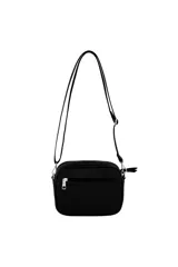 Bandolera celeste con correa larga regulable, cierre superior y logo estampado en el frente.