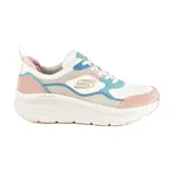 Championes Skechers Relaxed Fit D'Lux Walker Infinite Motion, color blanco con detalles en rosa, celeste y gris. Capellada de cuero y malla, con cordones y plantilla Air Cooled Memory Foam. Suela de goma flexible y entresuela Skech-Foam para mayor amortiguación.
