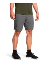 Short deportivo Under Armour Woven 8in, color azul con logo en la pierna izquierda y cintura elástica con cordón ajustable. Confeccionado con tejido ligero y transpirable de secado rápido.