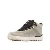 Bota de senderismo Columbia, modelo Facet 75 Mid OutDry, color gris topo con cordones negros y suela blanca gruesa con tacos. Presenta tecnología OutDry impermeable y transpirable, sistema Navic Fit y amortiguación TechLite Plush.