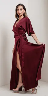 Vestido largo azul de satén, con escote en V cruzado, mangas kimono cortas y lazo en la cintura.