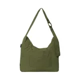 Bolso tipo hobo color verde oliva, con correa larga para llevar al hombro y bolsillo externo.