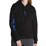 Canguro negro con capucha, bolsillo delantero y estampado de serpiente en la manga izquierda y esqueleto de mano en el pecho.