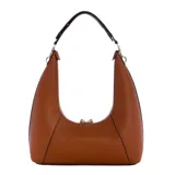 Bolso de hombro Guess color marrón con textura granulada, confeccionado en ecopiel doble faz. Tiene cierre superior con cremallera, herrajes dorados, correa fija y bolsillo interno.