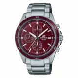Reloj Casio Edifice de acero inoxidable plateado con esfera color rojo-café, cronógrafo, tres subesferas, indicador de fecha y movimiento de cuarzo. Resistente al agua hasta 100 metros.
