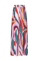 Pantalón ancho de crepe con estampado multicolor, pliegues, bolsillos laterales, bragueta con cremallera y forro interior.