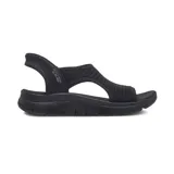 Sandalias casuales Skechers Hands Free Slip-ins Summits Sweetly Evolved, color negro, con capellada de tela elástica, plantilla acolchada Yoga Foam y suela de tracción flexible.