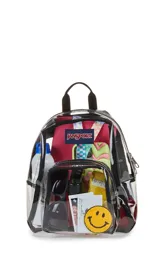 Mochila mini transparente con detalles en color lila pastel, marca JanSport.