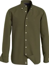 Camisa de corte regular en sarga elástica de algodón, color verde, con logo bordado y detalles distintivos de la marca.