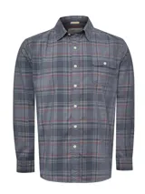 Camisa de hombre RKF de manga larga, confeccionada en algodón orgánico con estampado de cuadros escoceses en tonos grises y rojos.