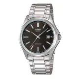 Reloj analógico Casio con caja y correa de acero inoxidable plateado, esfera negra, agujas plateadas luminiscentes, indicador de fecha y cristal mineral.