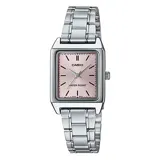 Reloj Casio plateado con caja cuadrada y esfera rosa.