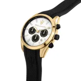 Reloj Maserati Attrazione con caja dorada, esfera blanca con detalles en negro y correa de silicona negra. Incluye cronógrafo, función de fecha y medición de doble zona horaria.