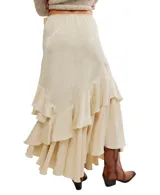 Falda larga color verde oliva con estampado floral jacquard, corte asimétrico y volantes en cascada.