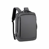 Mochila gris de diseño minimalista, resistente al agua y a los arañazos. Cuenta con múltiples compartimentos, puerto USB externo (cable incluido), asas acolchadas y asas superior y lateral para facilitar el transporte.